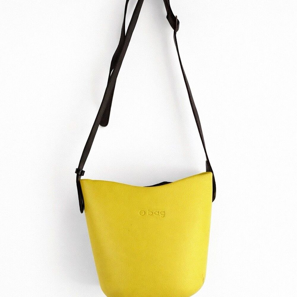 ✿ O bag Mini Bucket Bag Yellow Rubber Body Brown Leather Strap Crossbody Italy